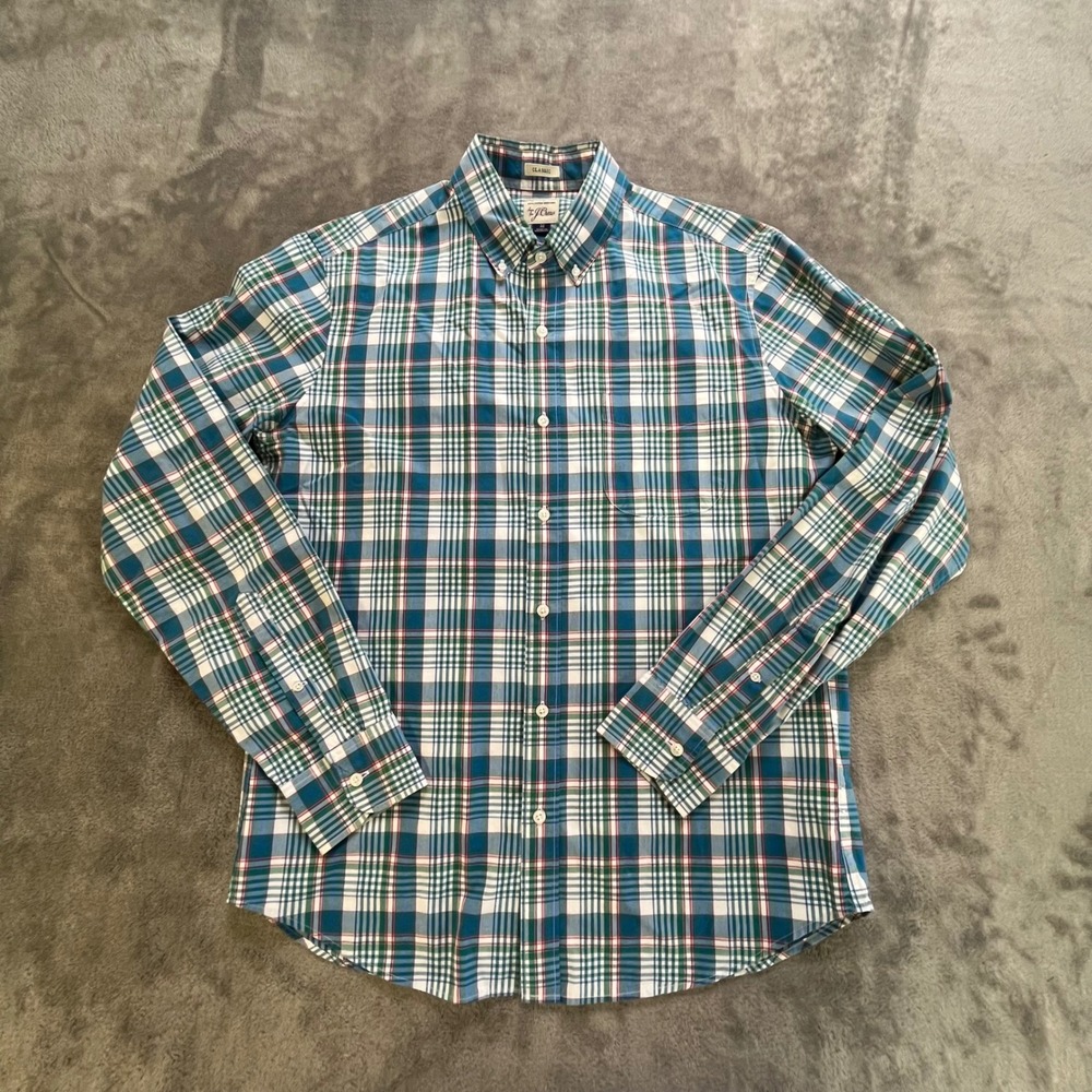 J.Crew‎ Button Down Shirt Mens Medium Blue Green Plaid Classic Fit G6976